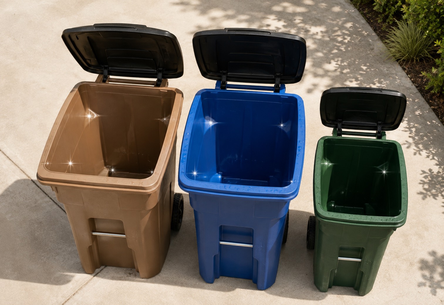Three freshly cleaned wheeled carts &mdash; trash, recycling and compost &mdash; standing open and gleaming on a sunlit driveway.