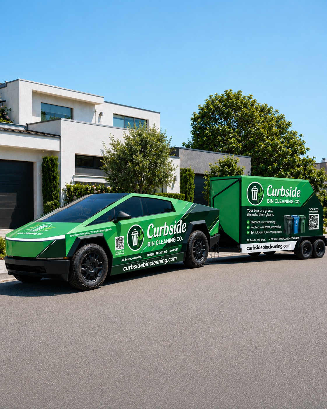 A green-wrapped Cybertruck towing the Curbside Bin Cleaning Co. hot-water trailer, parked at the curb outside a suburban home.